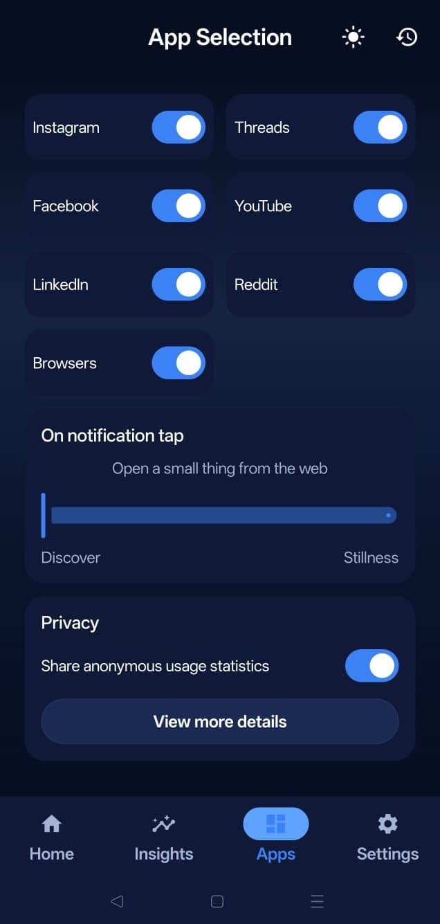ScrollPause Android app selection screen with Instagram selected